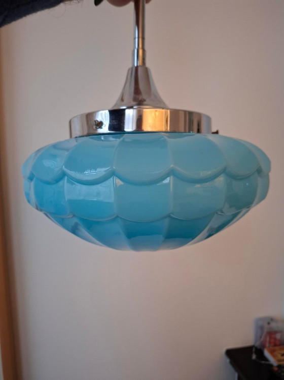 Image 1 of Lampada a sospensione vintage Art Déco con vetro blu
