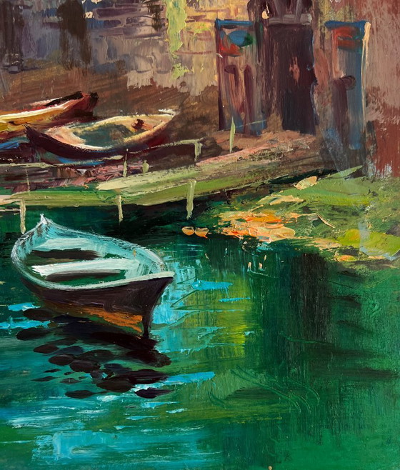 Image 1 of Original Oil Painting Summer City Landscape Coast with quiet houses