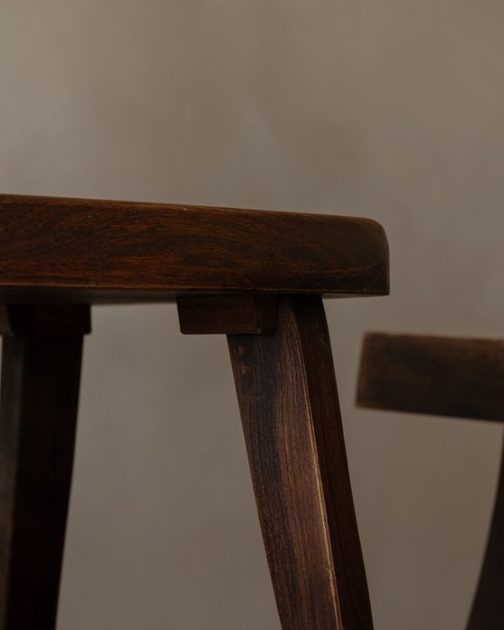 Image 1 of Set of 3 Vintage “T” Dining Chairs by Aranjou, France (c.1960s) – Stained Elm, Brutalist Sculptural