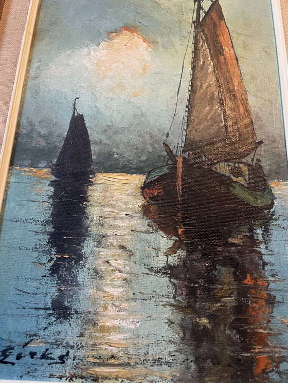 Image 1 of Pintura al óleo de Karl Dirks Barcos al anochecer