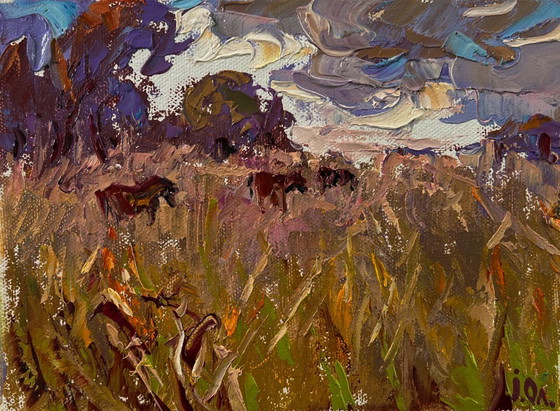 Original Oil Painting Autumn Field Landscape Spacious Field – Paintings & Drawings, Canvas (photo 3 of 8)
