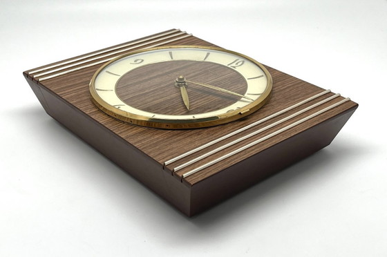Image 1 of Mid Century Wall / Mantel Clock – Junghans Quartz W756 – Wood & Brass