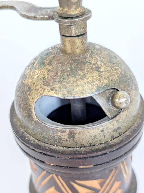 Image 1 of Vintage Folk Art Carved Wooden Pepper Mill Brass Hand Crank Mediterranean Rustic