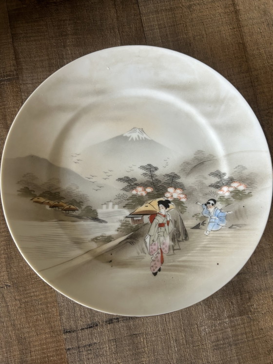 Set Vintage Giapponese Kutani Geisha Ware: 4 Piatti e Zuccheriera, Porcellana Guscio d'Uovo Mount Fuji, Anni (photo 5 of 10)