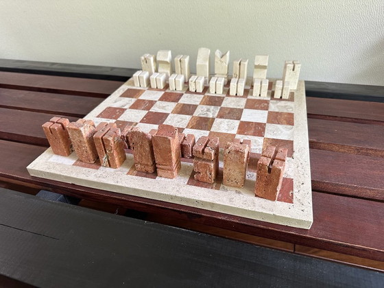 Design Chess Set in two-tone Travertine, Angelo Mangiarotti, Decorative Objects, Beige, Modern (photo 12 of 15)