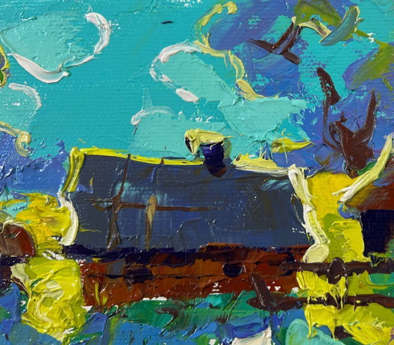 Image 1 of Original Oil Painting Summer Houses Landscape Moonlit night in the village