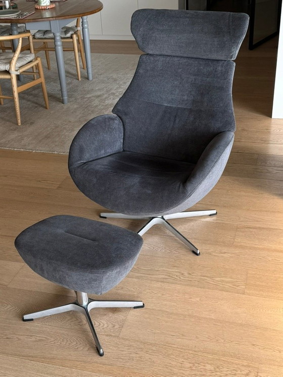 Image 1 of Draaibare design relaxfauteuil met voetensteun (blauwgrijs fluweel)
