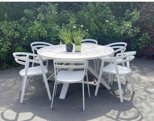 Tuinset wit ronde tafel met 6 stoelen 