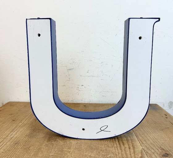 Image 1 of Vintage Blue Iron Facade Letter U, 1970s