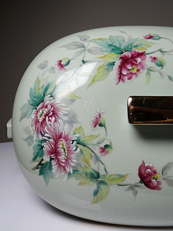 Image 1 of Zuppiera vintage in porcellana celadon di Limoges, Francia, in stile Art Déco con decorazioni floreali.