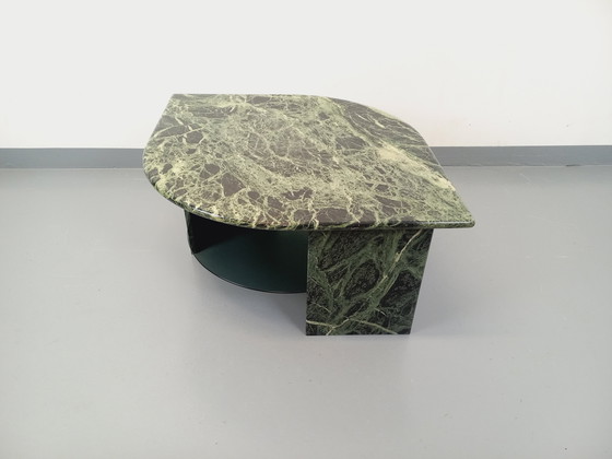 Image 1 of Vintage Square Coffee Table with 2 Tops in Green Marble and Smoked Glass from the 70s
