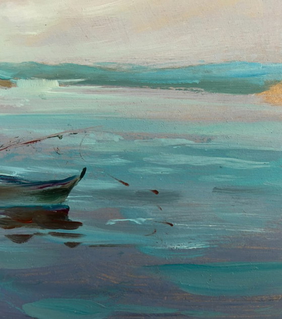 Image 1 of Origineel olieverfschilderij: Zomerkustlandschap, rustig vissen.