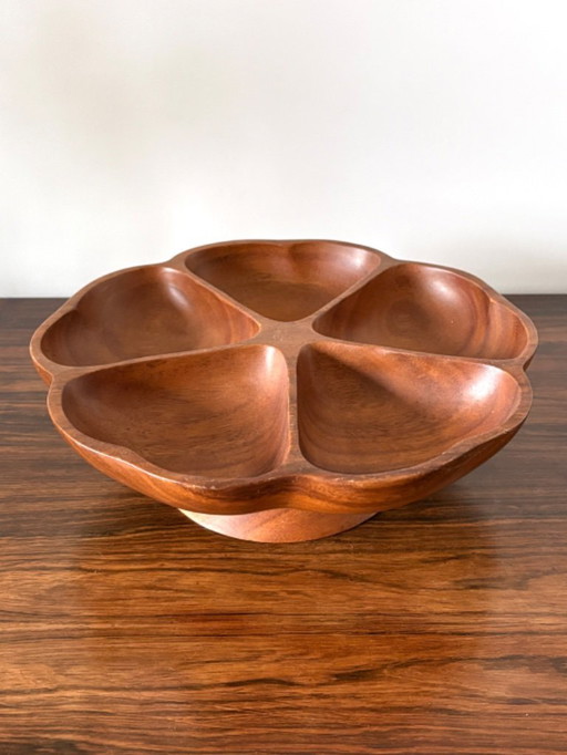 Vassoio da portata vintage in teak, 5 scomparti Lazy Susan
