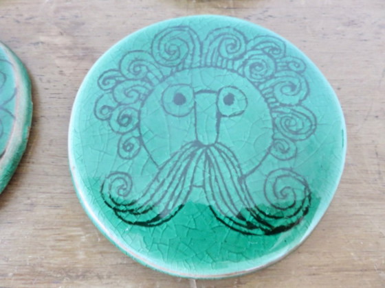 Image 1 of Juego de 6 posavasos de cerámica verde craquelada, años 60 70