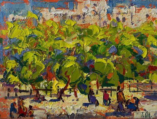 Pintura al óleo original: Paisaje de árboles coloridos. Ciudad primaveral a la sombra de los árboles.