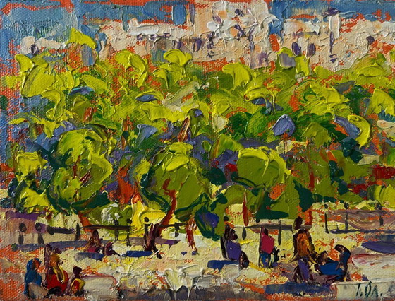 Image 1 of Original Oil Painting Colorful Trees Landscape Spring city in the shade of trees
