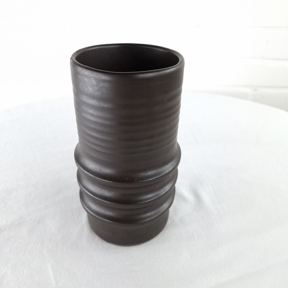 Image 1 of Vintage ribbed vase brown ceramic 1970s wabi sabi brutalist japandi
