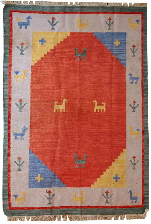 Kilim persa Gabbeh vintage hecho a mano, 5,6' x 7,5' (171 cm x 229 cm), década de 1960 - 1C518