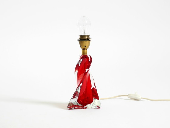 Image 1 of Beautiful heavy mid-century modern table lamp made of solid crystal glass in red and transparent