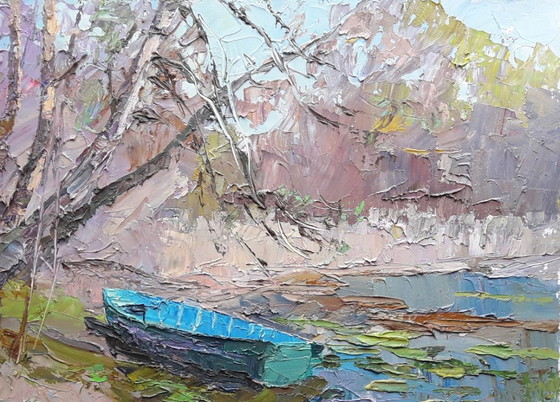 Original Oil Painting Nature Landscape Forest River Blue Boat – Paintings & Drawings, Canvas (photo 8 of 8)