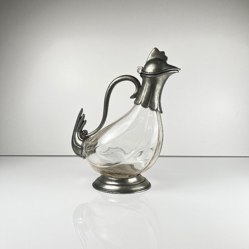 Zoomorphic rooster ewer in glass and pewter, Art Deco style, circa 1930-1950