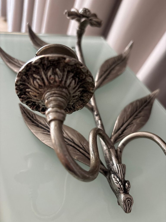 Pair of floral wall sconces, silver-colored metal, Candle holders (photo 10 of 11)
