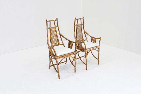 Image 1 of Fauteuils vintage en rotin avec coussins bouclés 1970