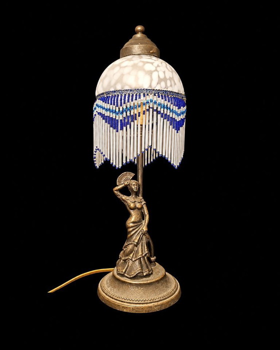 Italiaanse Art Nouveau-stijl Tafellamp met handgeschilderd glas, ca. 1950–1960 Vintage – Tafellampen, Brass (photo 3 of 8)