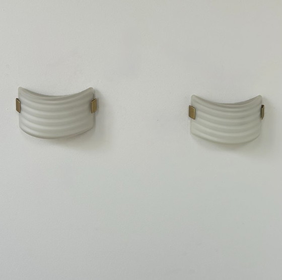 Image 1 of Pair of vintage wall lights, opaline glass and brass, France 1970