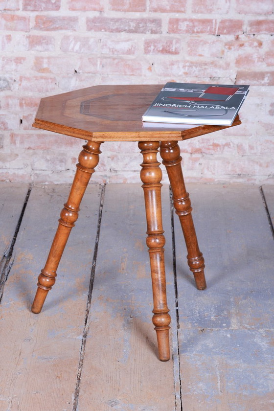 Gerestaureerde Biedermeier salontafel, kersen- en walnotenhout, gerestaureerde Poolse afwerking, Tsjechisch, (photo 6 of 11)