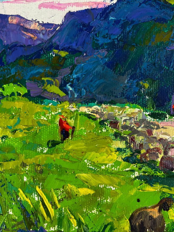 Image 1 of Peinture à l'huile originale représentant un paysage naturel de prairies au pied des montagnes