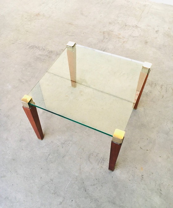 Image 1 of Tavolino laterale in ottone, legno e vetro dal design modernista di Peter Ghyczy, anni '80