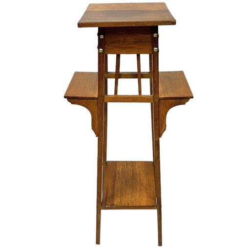 Antique Art and Crafts pedestal plant table with side shelves, oak, 1890s