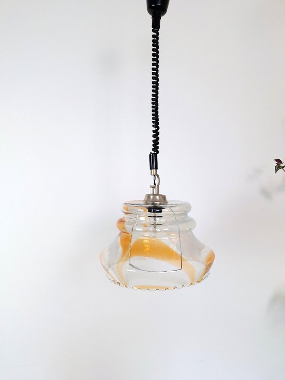 Image 1 of Vintage Murano Glass Pendant Light / Orange & White / Mid Century Modern Hanging Lamp / Italy 1970s