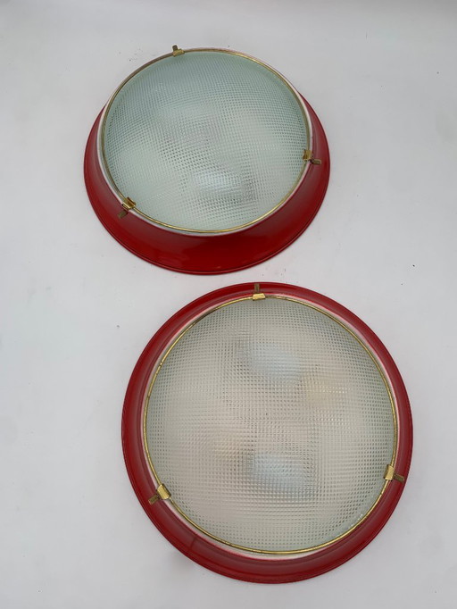 Paire de plafonniers/appliques murales - Attribuées à Fontana Arte Vintage Italie Rouge Moyen