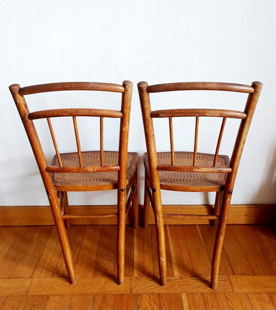 2x caned bistro chairs circa 1940, Dining chairs, Wood, Rattan, Brown, Vintage (photo 2 of 13)
