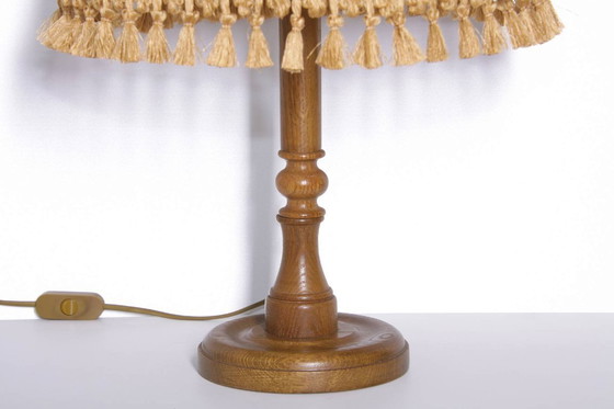 Image 1 of Table lamp wood textile light beige brown fringes 63cm 80s J Vintage