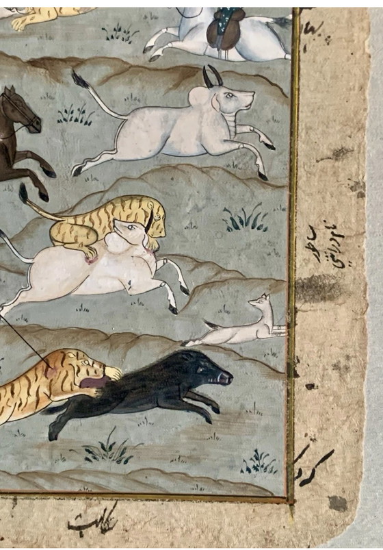 Exquisite Indian Miniature – Hunting Scene – Urdu Calligraphy – – Paintings & Drawings, Paper (photo 5 of 11)