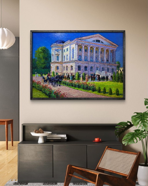 Original Oil Painting Palace Architecture Estate Outside The City – schilderijen tekeningen, Canvas (photo 2 of 8)