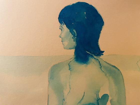 Image 1 of Gesigneerd aquarel monochroom blauw portret vrouw "weekend in Capri ".