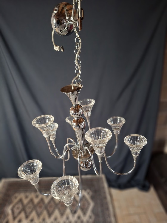 Image 1 of Lampadario vintage degli anni '30-'50 in metallo cromato e spessi paralumi in vetro – stile Art Déco