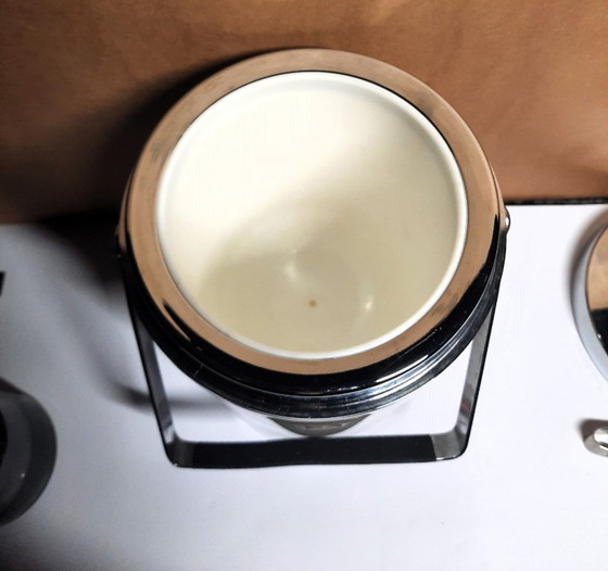 Image 1 of Vintage 1970s Himalaya Ice Jar – Retro Orange Stripes Ice Bucket with Tongs – Mid-Century Bar Essential