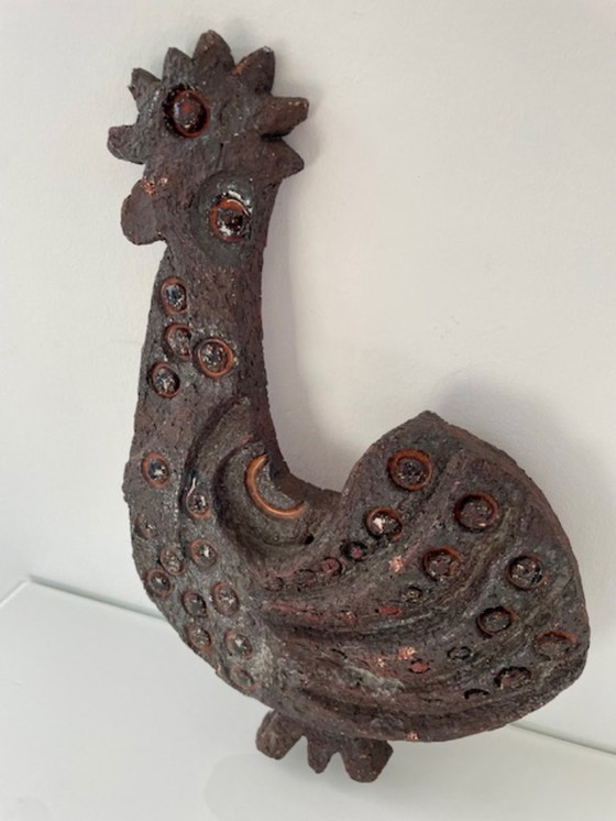 Image 1 of Zeldzame brutalistische wandsculptuur haan van keramiek