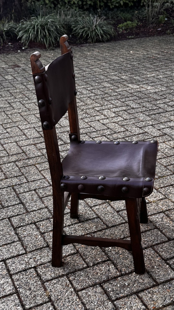 Set van 4 vintage Spaanse stoelen – jaren 60/70 – Eetkamerstoelen, Wood, Leather (photo 3 of 8)