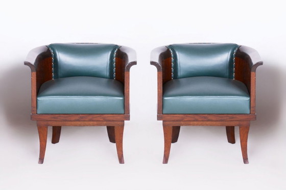 Pair Of Restored Art Deco Armchairs, by F. And H. Gessner, Oak, Czech, 1920s – Leather, Wood (photo 6 of 9)