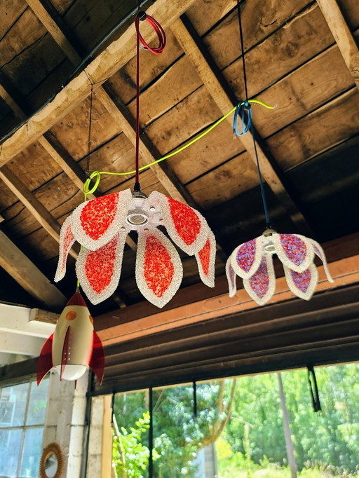 2x colorful 70's perspex floral hangers