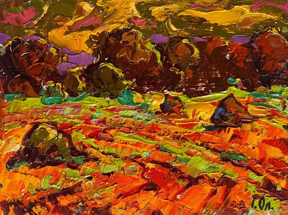 Image 1 of Original Oil Painting Autumn Field Landscape Golden haystacks
