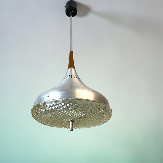 Image 1 of Scandinavian Mid Century Modern Chromed Aluminium Hanging Light with Wooden Accent, 1970s