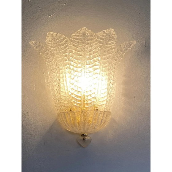 Image 1 of Moderne venezianische Wandleuchten aus transparentem Graniglia-Muranoglas in Blattform – 2er-Set