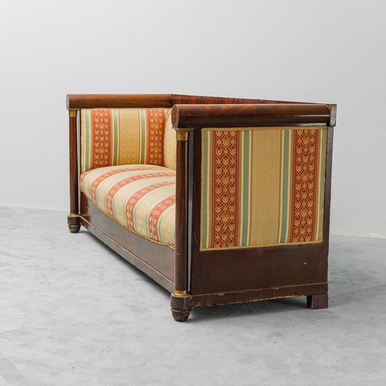 Image 1 of 3 SEATER VINTAGE WOODEN SOFA WITH STRIPED FABRIC FROM THE 50S, CLASSIC AND ELEGANT